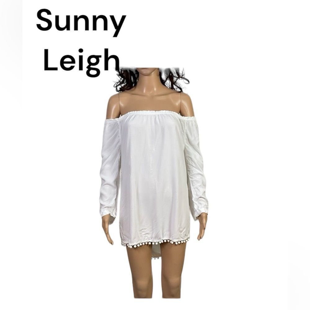 Sunny Leigh Pompom Off Shoulder Long Sleeve  Tunic Dress Cover Up White M